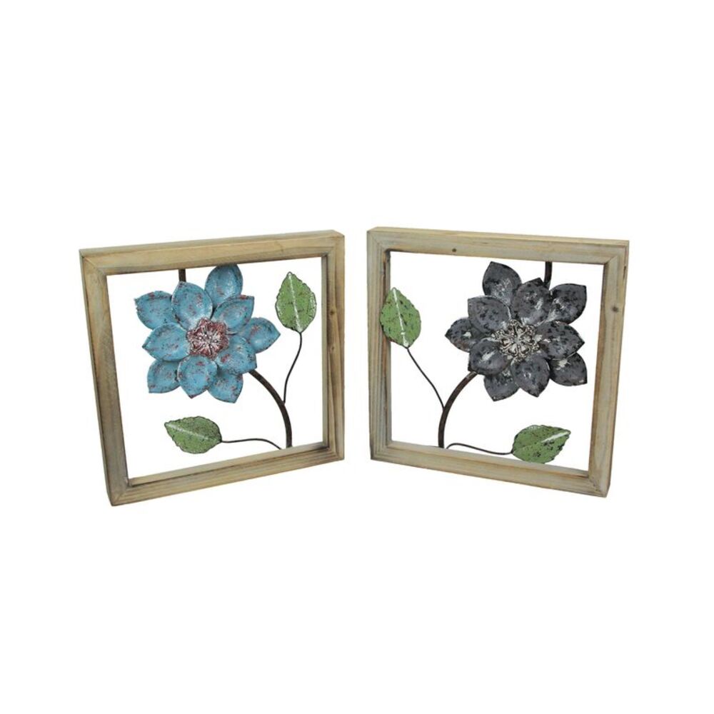 2 Piece Sculpted Metal Flowers Wall Hanging Set With Wooden Frames